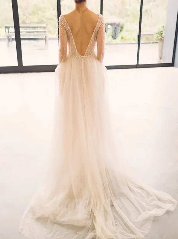 Light Champagne Illusion Neckline Pearl Wedding Dress With Sleeve 
